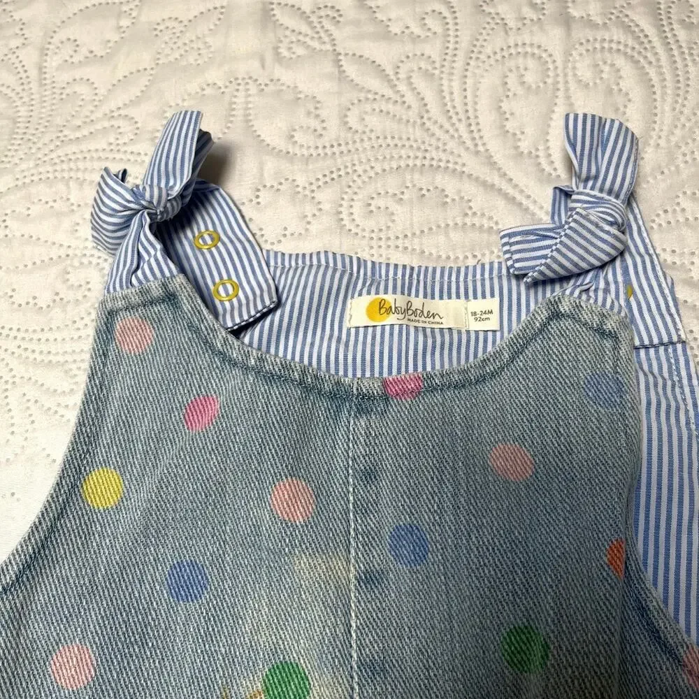 Baby Boden Light Blue Denim Polka Dot Heart Pocket Overalls